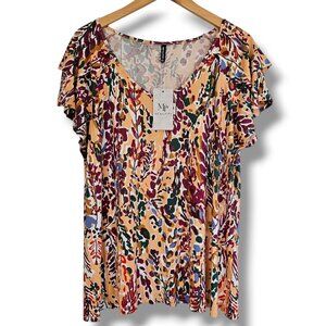 Mengpipi Floral Print V-Neck Short Sleeve Top Size XXL Lightweight Stretch NEW